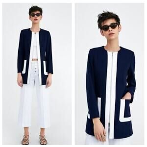 Zara Navy White Two Tone Zipper Nautical Jacket Small